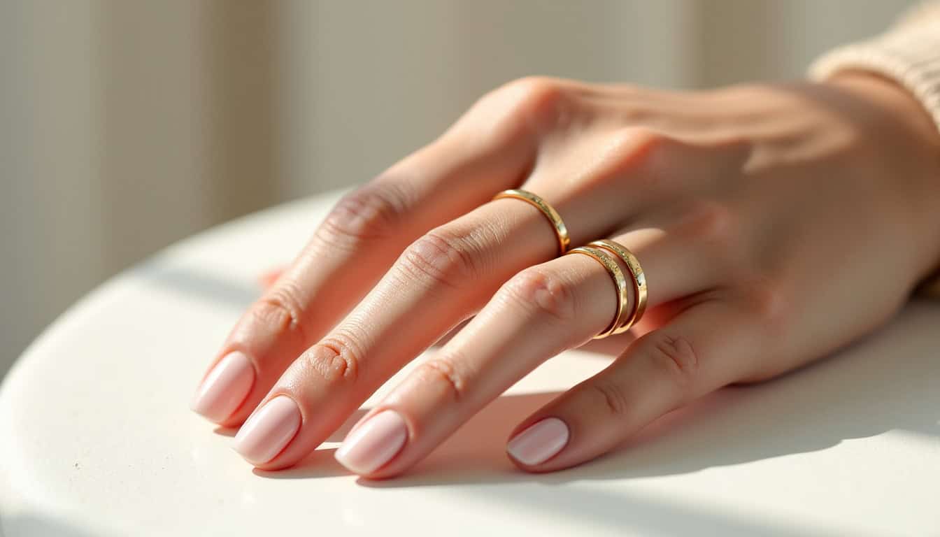 Empilement de bagues en or de la collection Dôme de Mejuri sur une main féminine