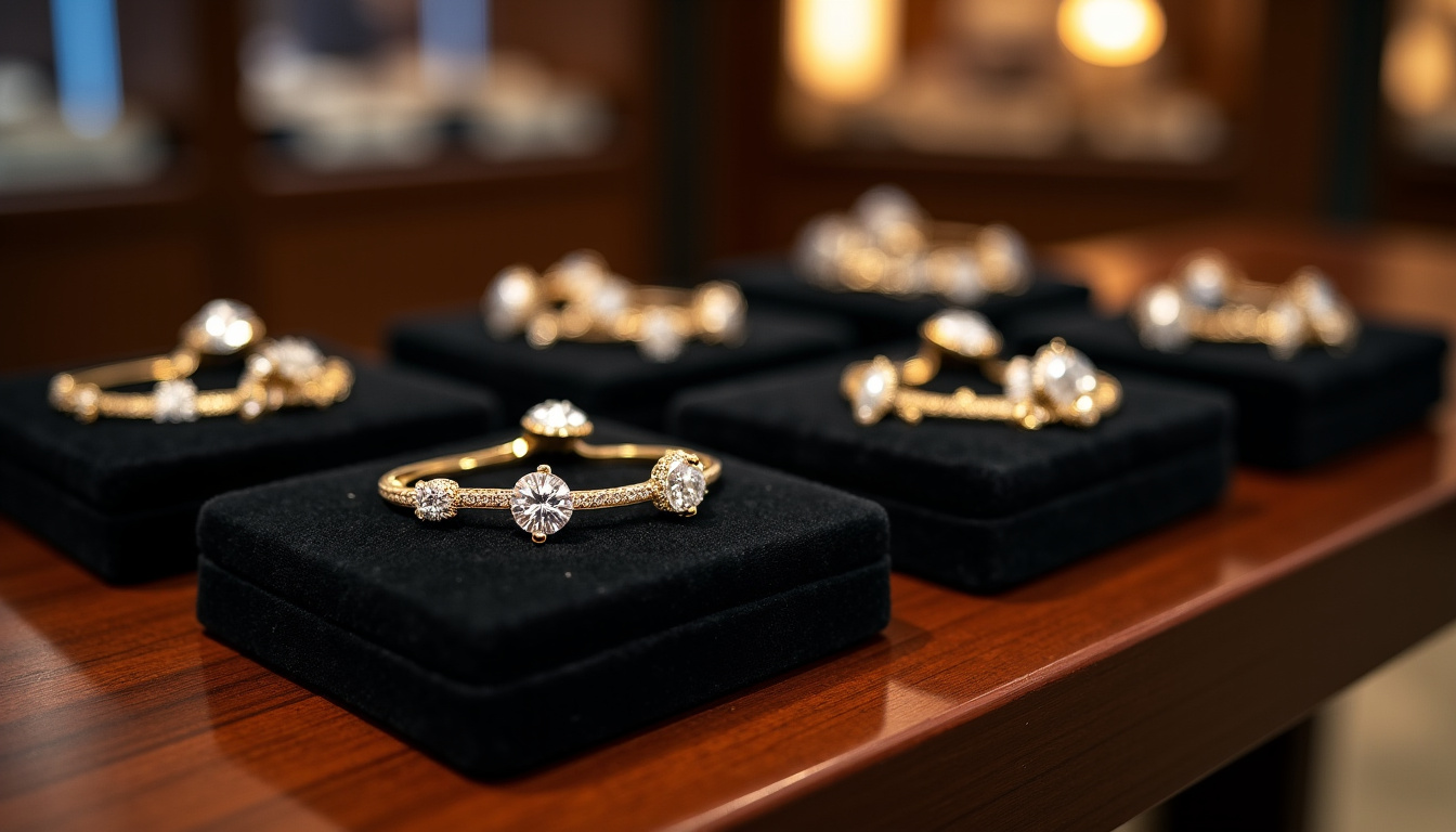 Étale de bijoux Fred Joaillier en boutique, présentation soignée sur écrins noirs, lumière tamisée, ambiance luxueuse et chaleureuse