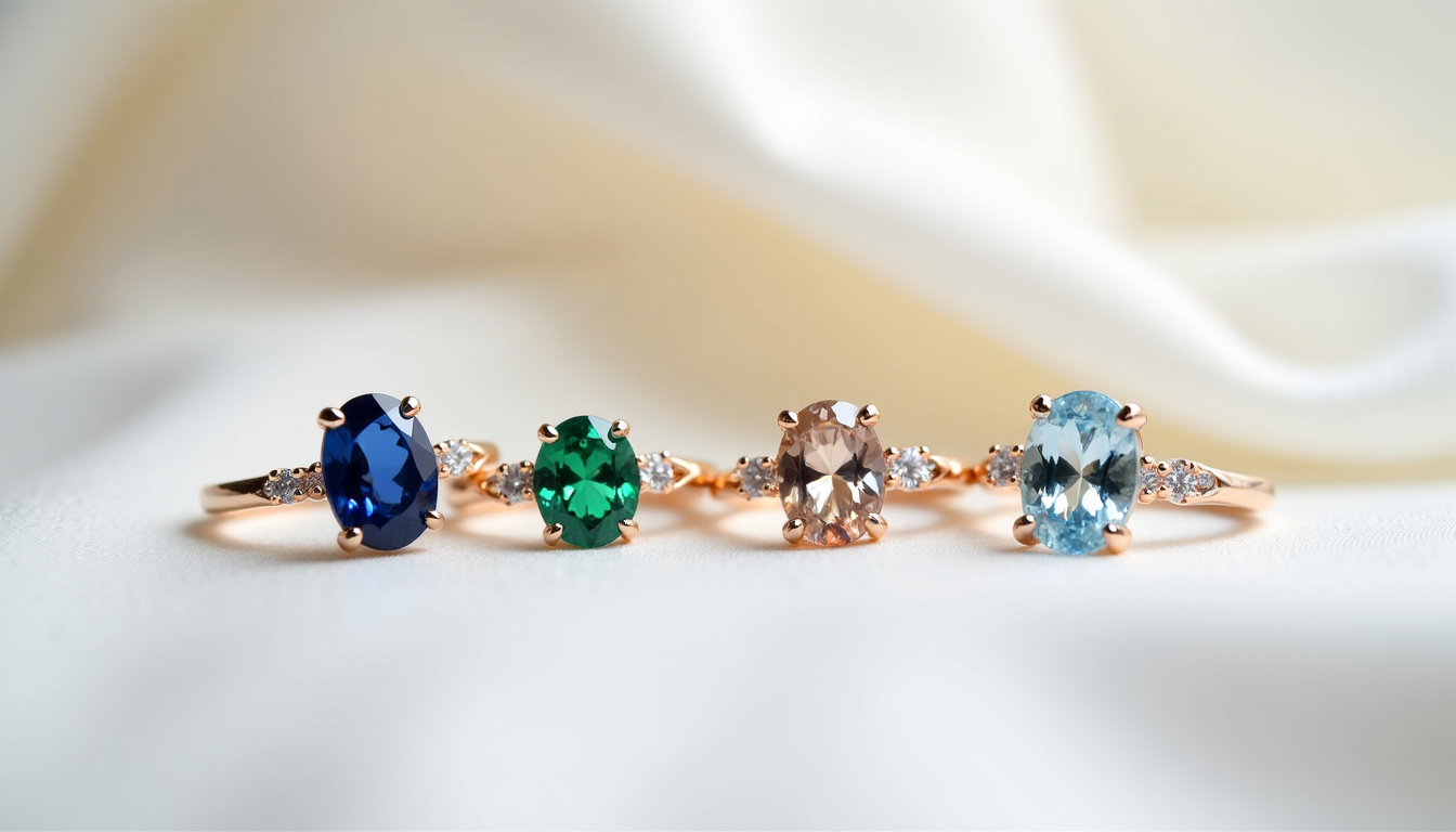 Exemples de bagues de fiançailles avec différentes pierres précieuses: saphir, émeraude, aigue-marine, diamant brun