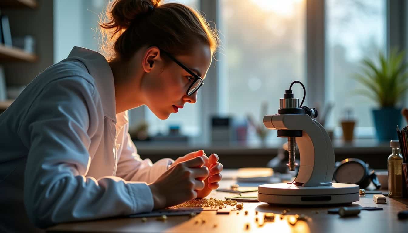 Expert en bijouterie analysant un bijou en or avec un spectromètre