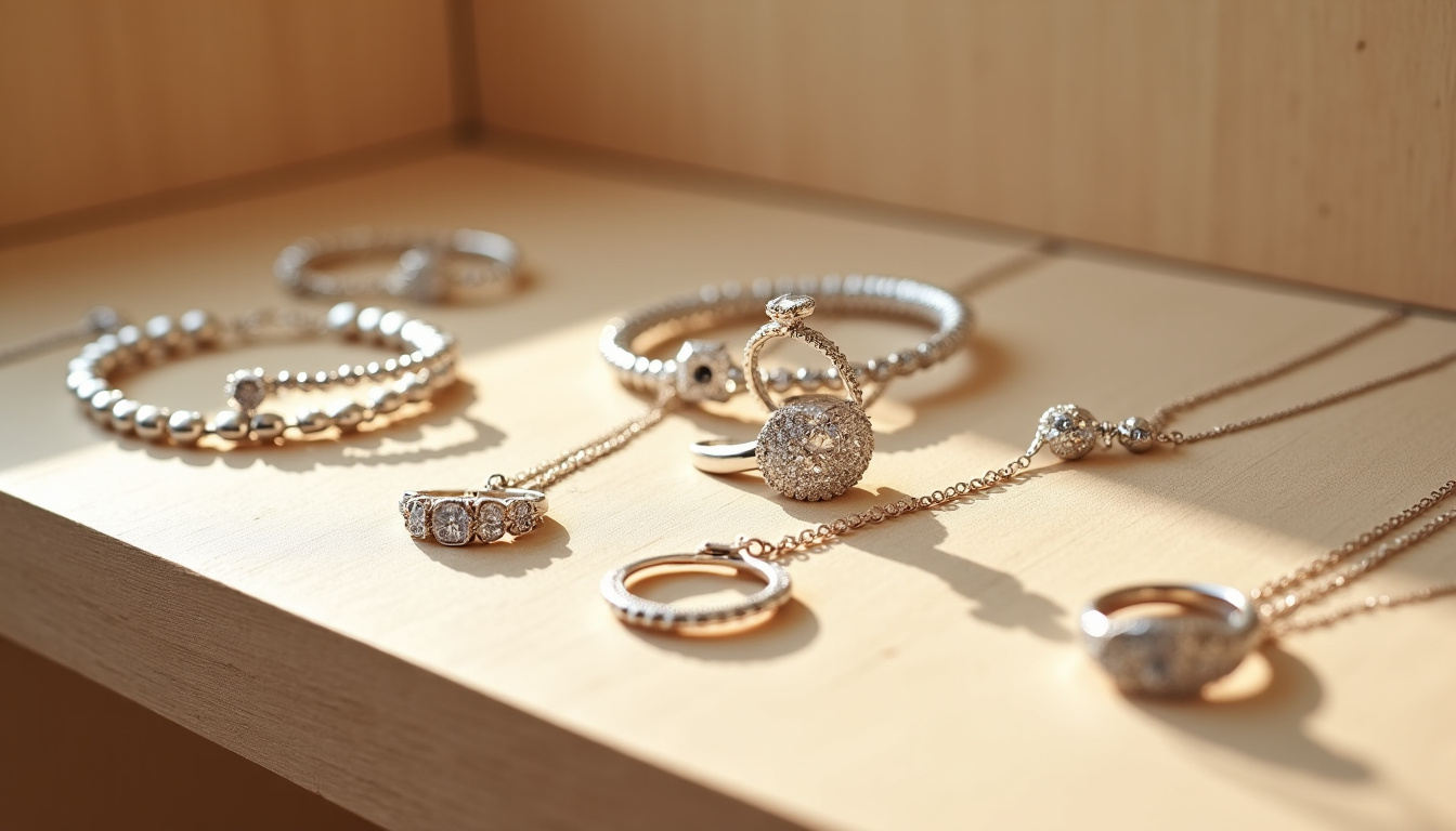 Exposition des principales collections Thomas Sabo sur un présentoir en bois clair