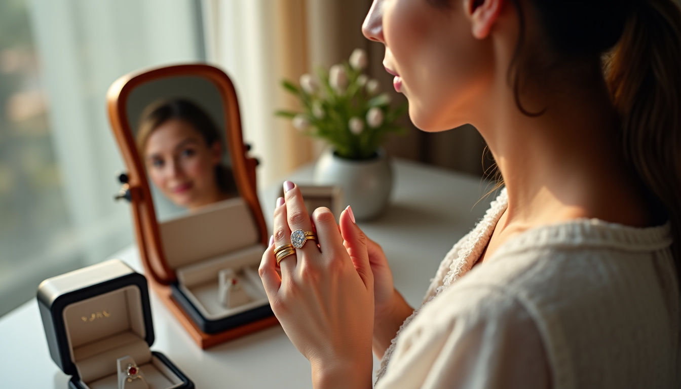 Femme essayant une bague de fiançailles devant un miroir, entourée de boîtes de différentes marques