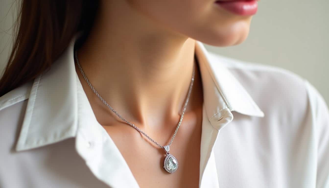 Femme portant un collier Nudo Pomellato avec une chemise blanche et un look minimaliste, mettant en valeur le bijou