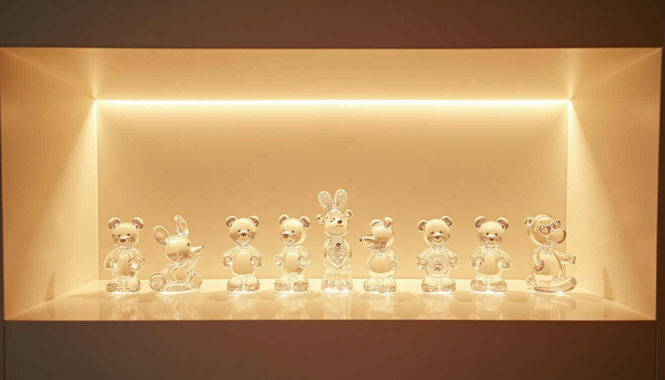 Figurines Swarovski et objets de décoration sur une étagère lumineuse, incluant des ours Kris Bears et des personnages Disney