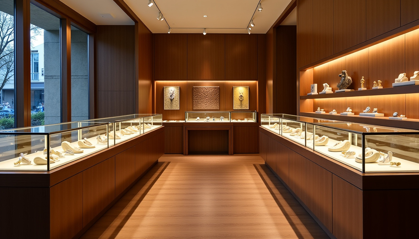 Intérieur de la première boutique Maty à Besançon, présentant des vitrines de bijoux et montres soigneusement exposés