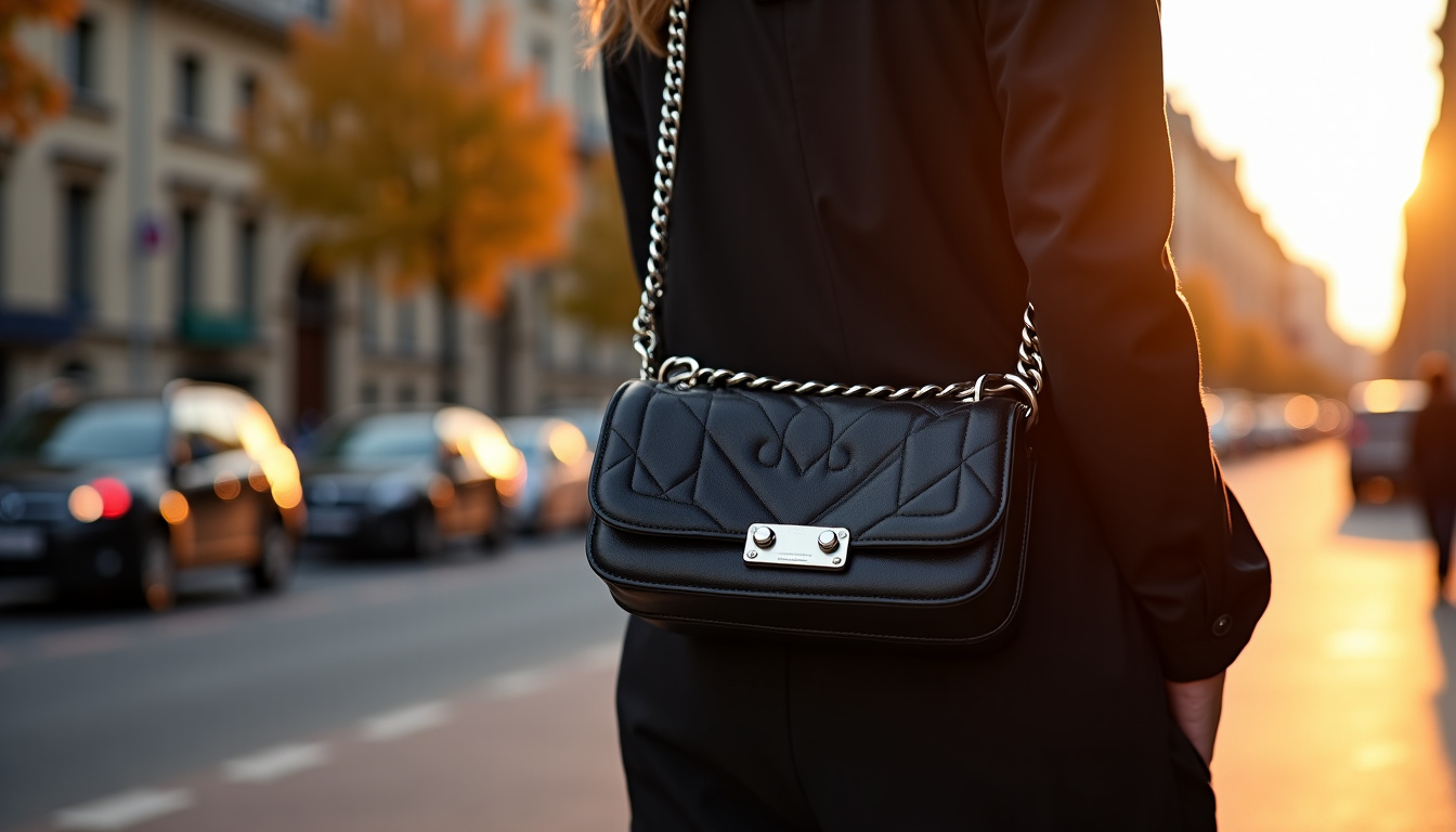 Le sac The Snapshot de Marc Jacobs porté en bandoulière, montrant le motif photo vintage sur fond noir