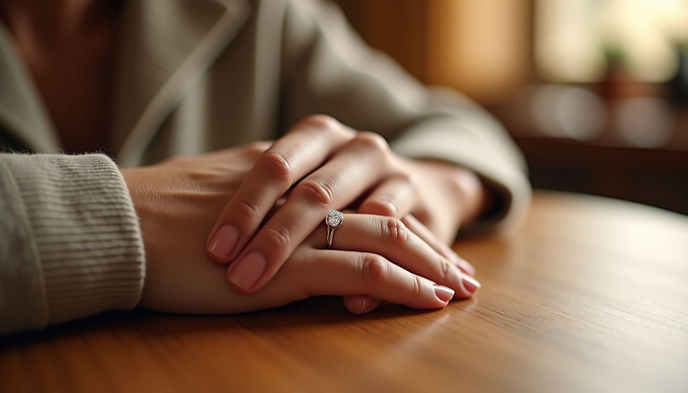 Personne portant une bague Ice Cube Chopard en situation quotidienne, main posée sur une table en bois avec fond flou