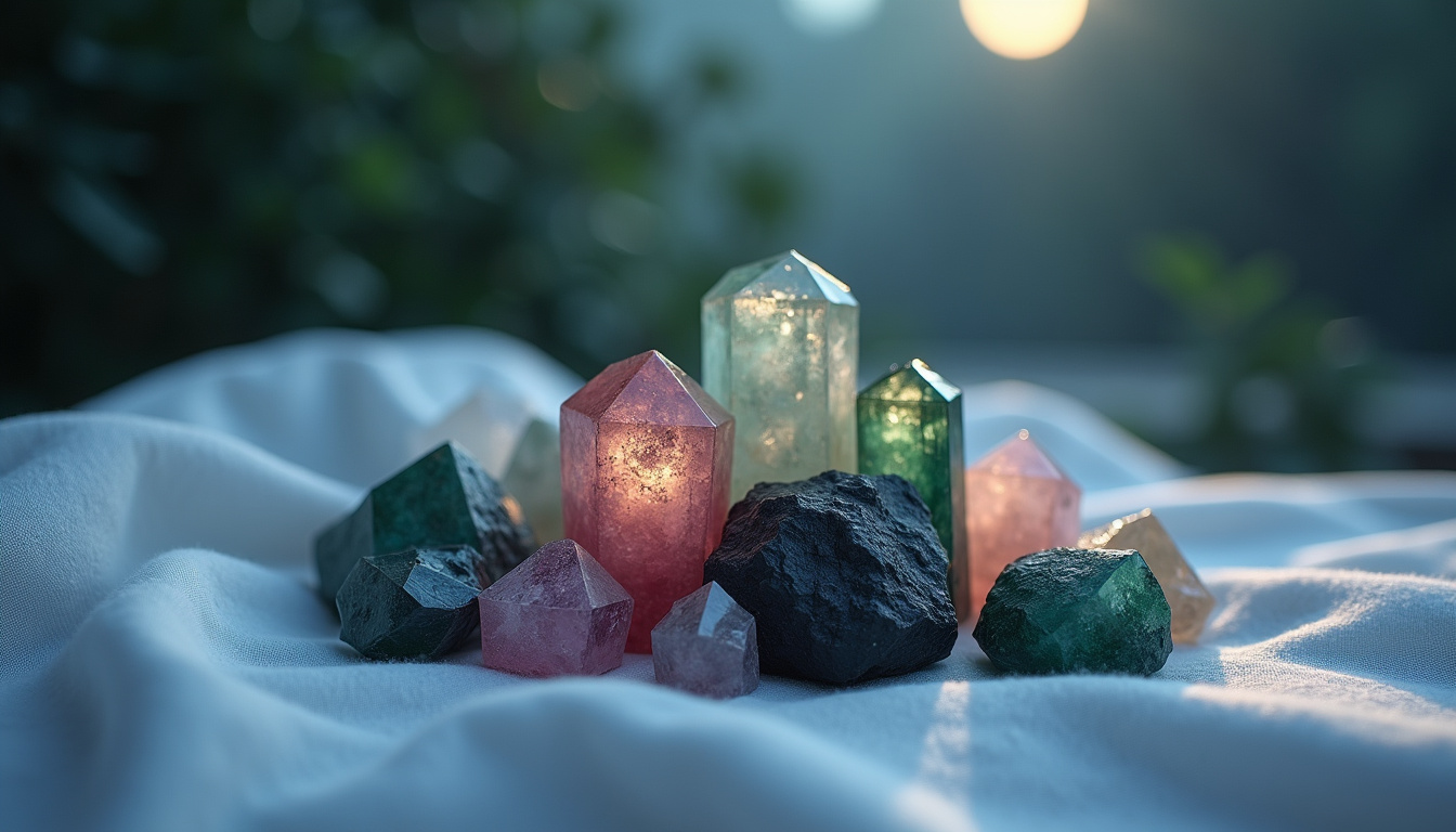 Pierres de tourmaline posées sur un tissu sous la lumière de la lune