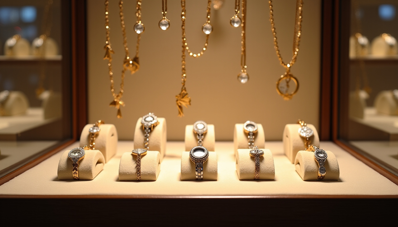 Présentation en vitrine des bijoux et montres d’occasion de Maty, organisés par catégories et matériaux