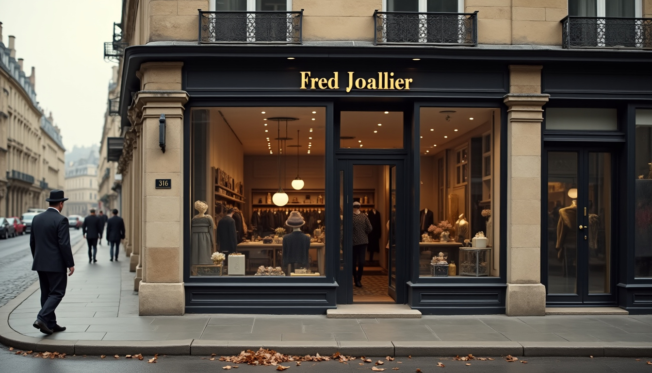 Vieille boutique Fred Joaillier à Paris dans les années 1940, façade sobre avec enseigne en lettres dorées