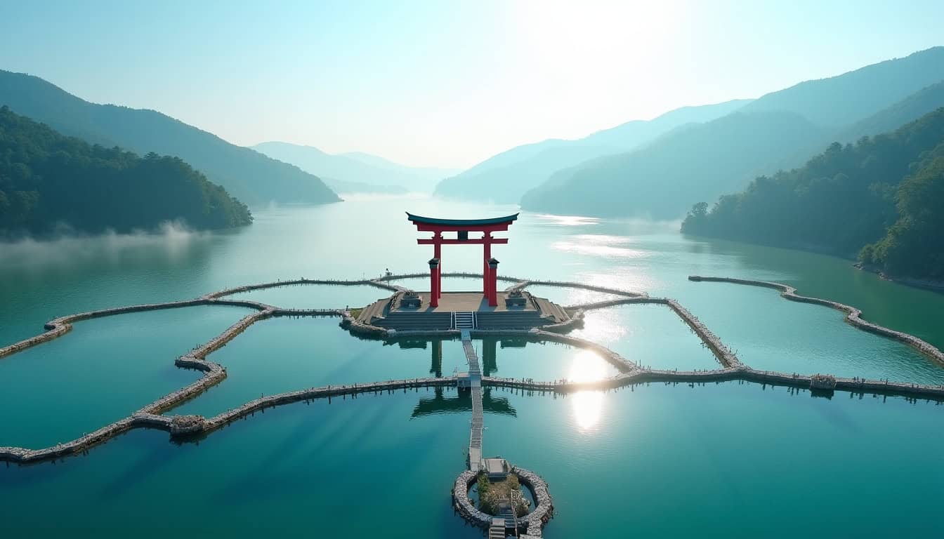 Vue aérienne de Mikimoto Pearl Island à Toba, Japon, avec son sanctuaire et ses bassins d’élevage