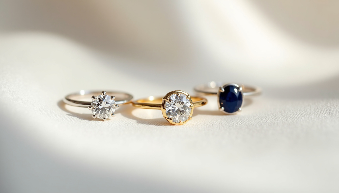 Vue rapprochée de différentes bagues de fiançailles mettant en valeur les matériaux: or blanc, or jaune, diamant naturel, diamant synthétique, saphir bleu