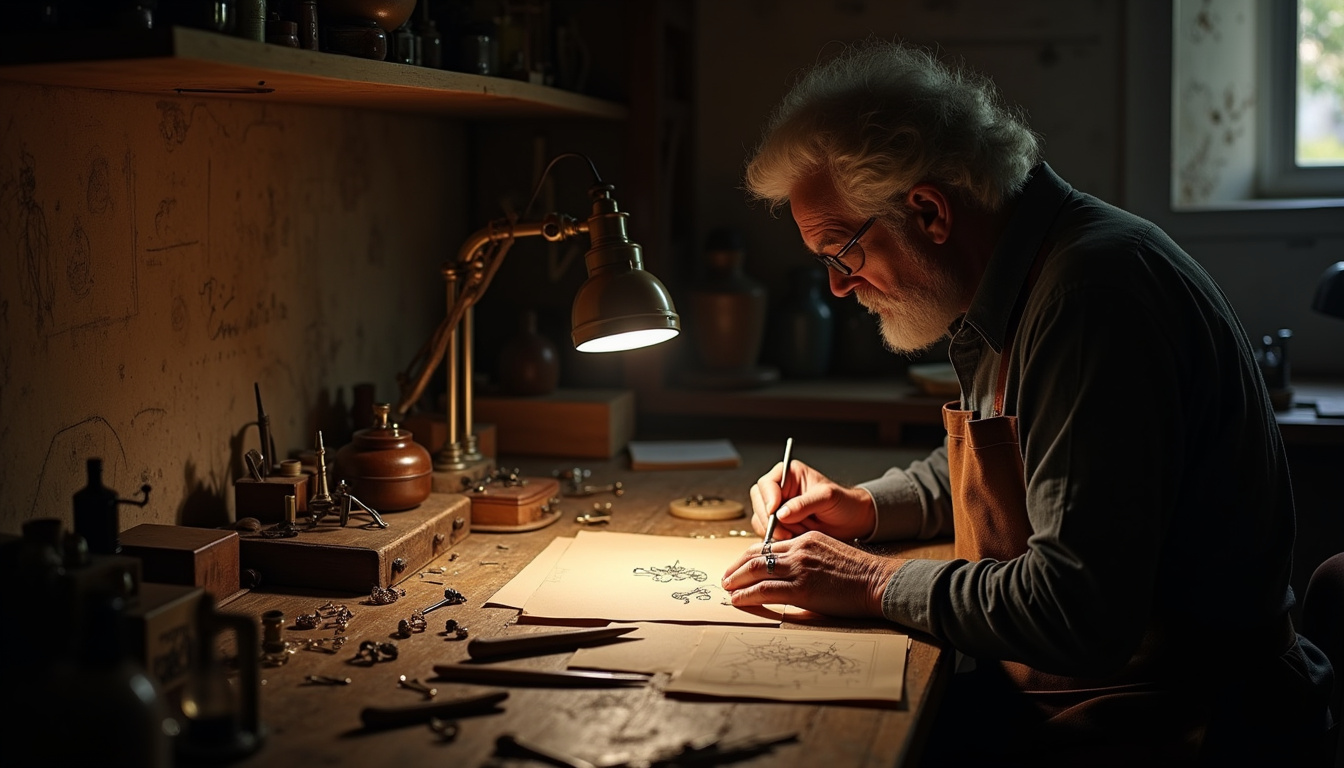 Atelier artisanal de joaillerie à Turin, années 1950, avec outils traditionnels et bijoux en cours de création
