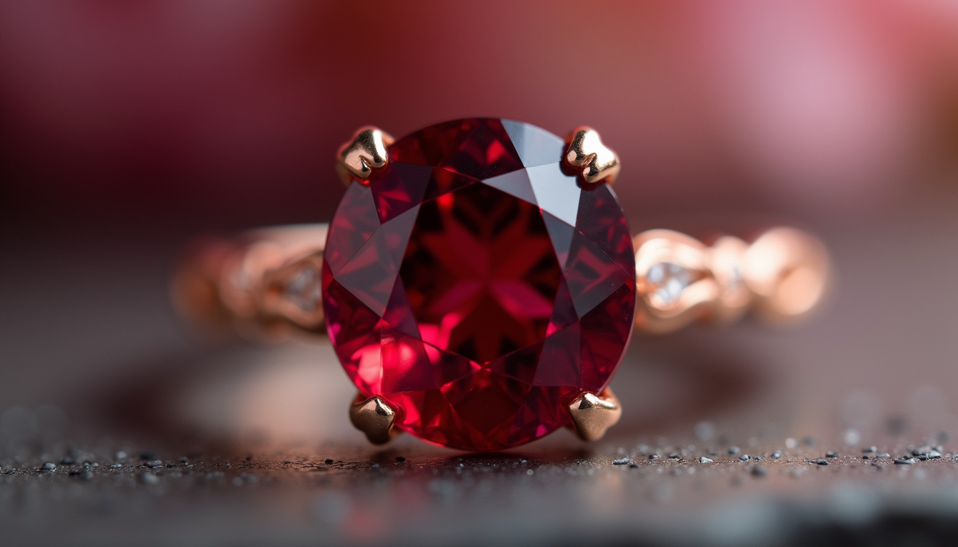 Bague en grenat montée sur or rose, vue en gros plan sur la pierre taillée et le sertissage fin