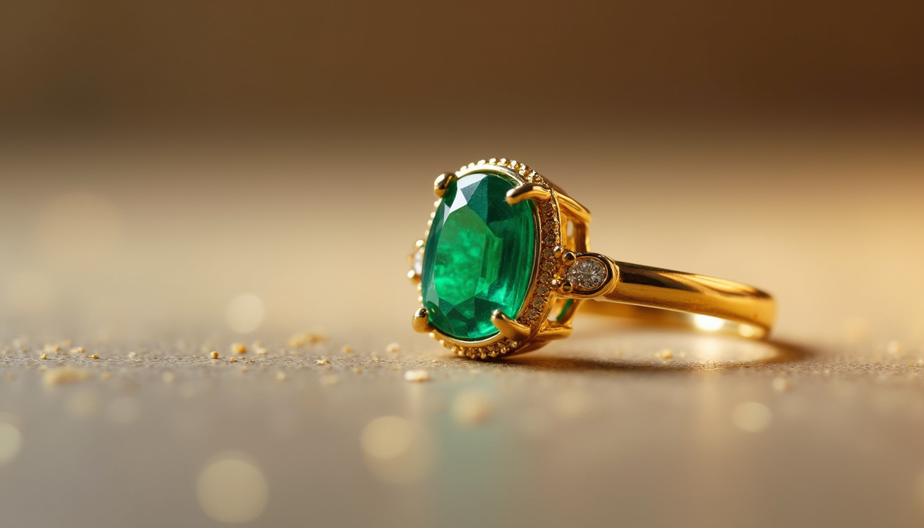 Bague en or jaune avec émeraude sertie, détail du sertissage sécurisé pour protéger la pierre fragile