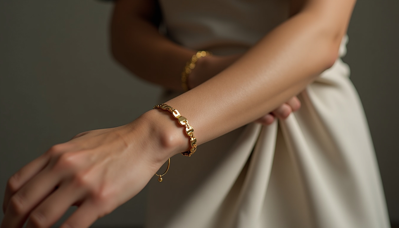 Bras portant un bracelet Cartier Love, mis en valeur sur un fond neutre