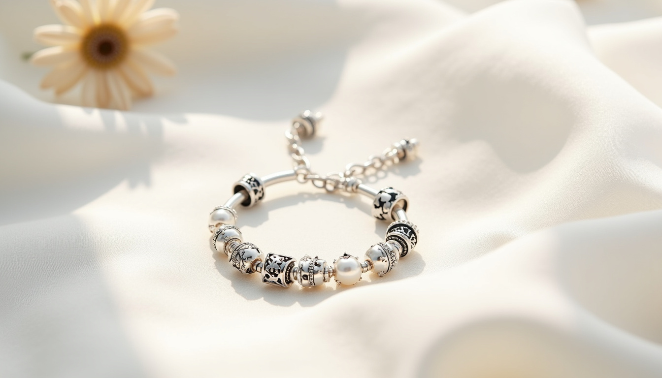 Collection de charms Pandora sur un bracelet en argent, présentée sur fond clair