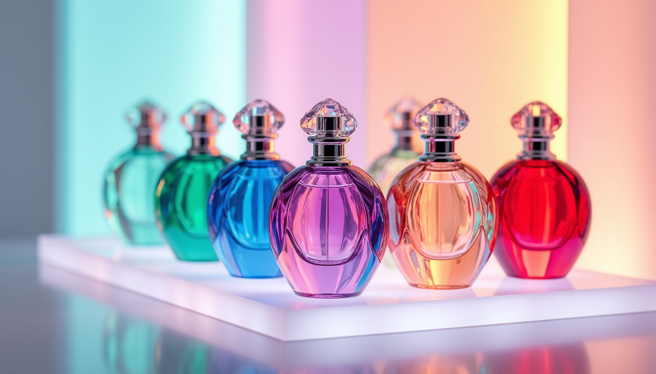Collection de parfums Gas Bijoux, flacons colorés sur fond lumineux