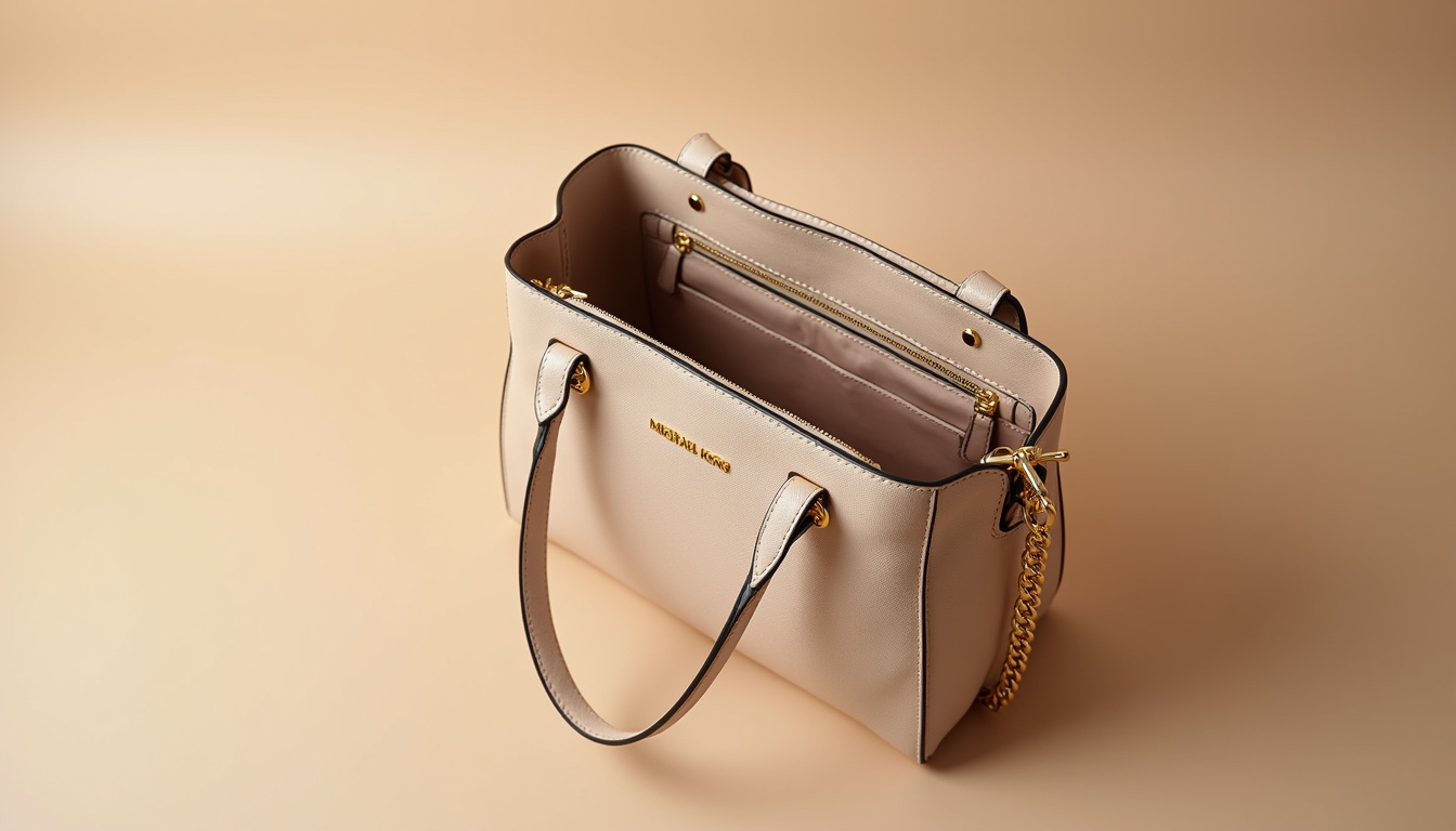 Détails de cuir, métallerie et doublure sur un sac Michael Kors posé sur fond neutre