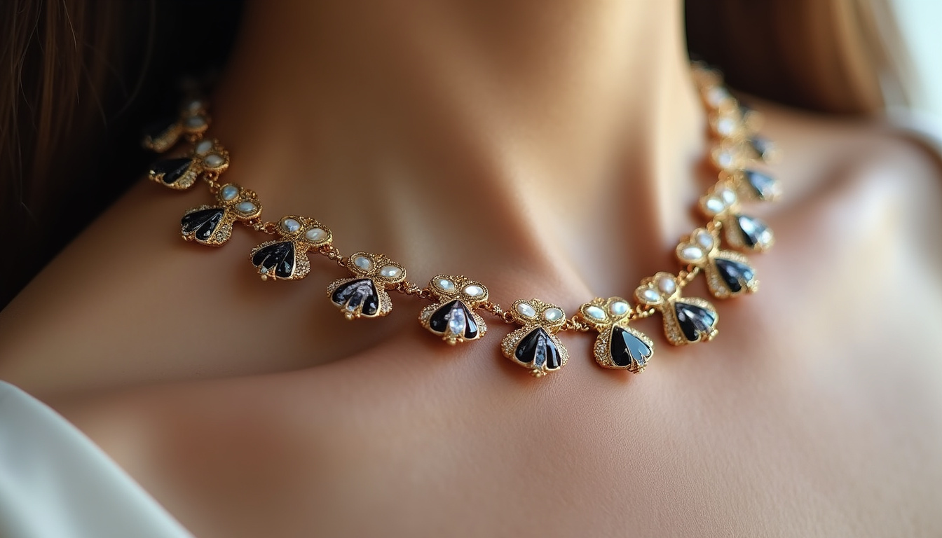 Détails du collier Alhambra montrant la nacre, l’onyx et l’or guilloché