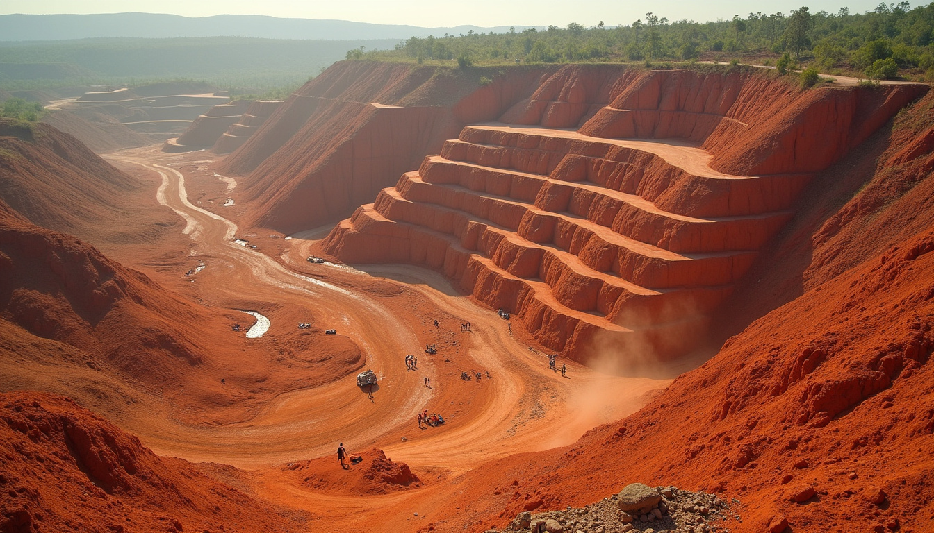 Extraction de grenat dans les mines de Tanzanie, vue aérienne des carrières avec travailleurs équipés