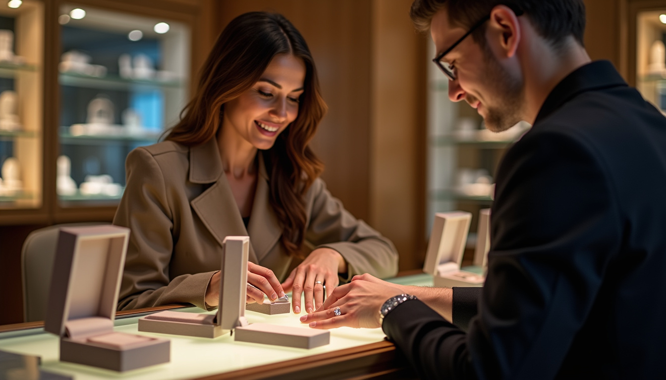 Femme essayant un solitaire en diamant en boutique, entourée de boîtes de bijoux