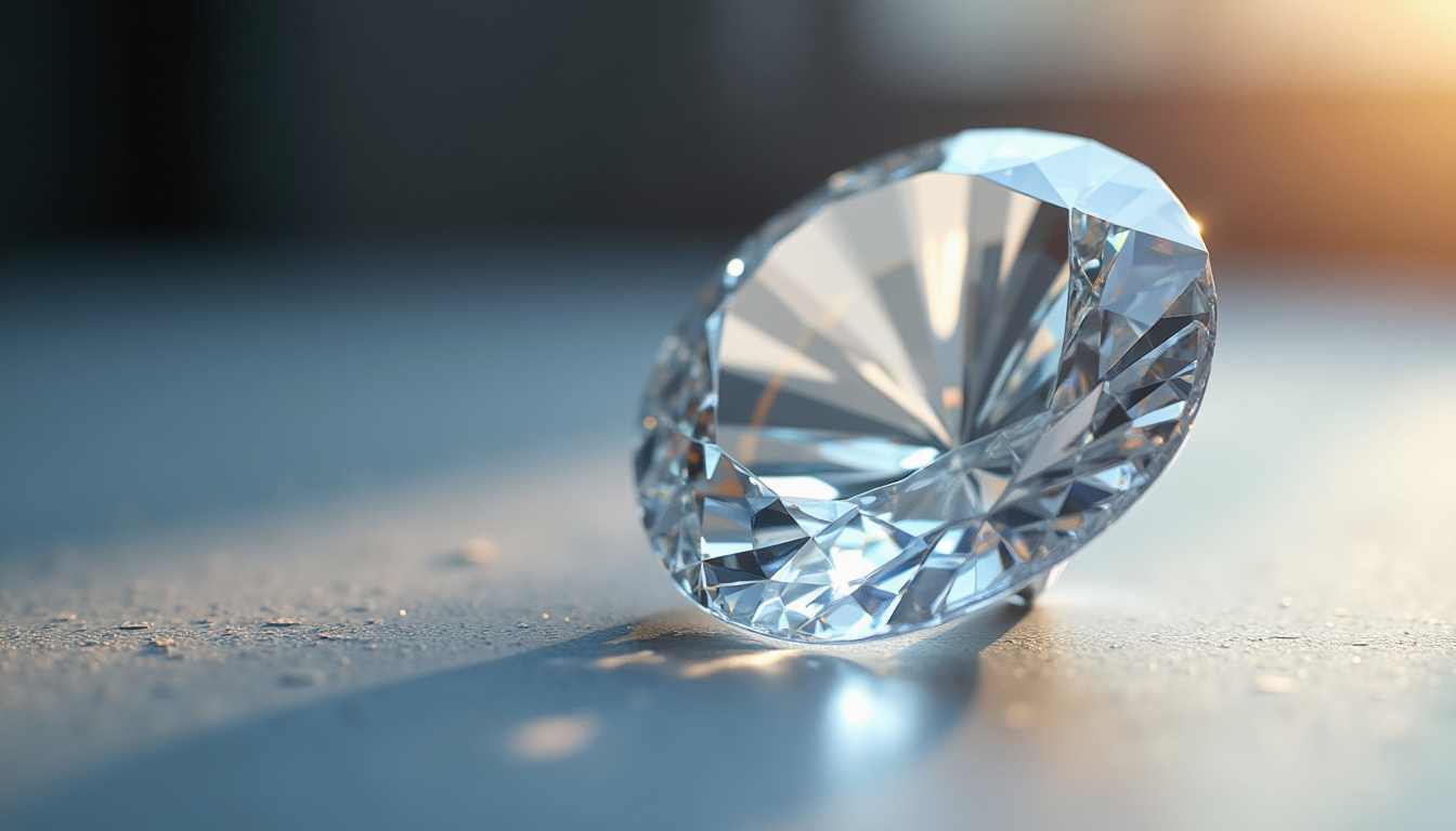 Gros plan sur un diamant taillé en brillant montrant les reflets et la réfraction de la lumière à l'intérieur de la pierre