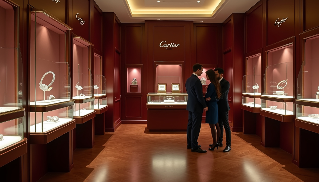 Intérieur d'une boutique Cartier montrant les vitrines de bijoux et le personnel en uniforme