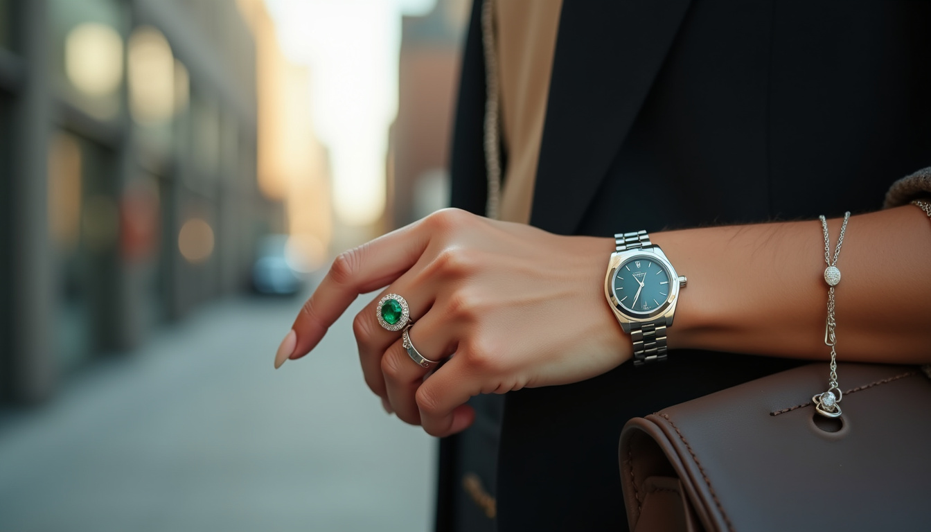 Main féminine portant une bague émeraude, combinée avec une montre discrète et un bracelet fin, en situation urbaine