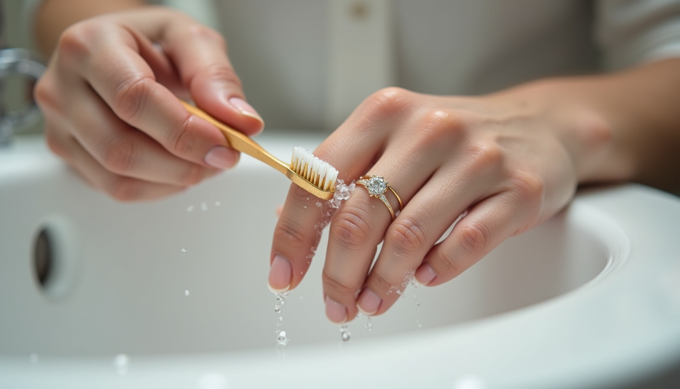 Main tenant une bague en or et diamant que l'on frotte délicatement avec une brosse à dents souple dans de l'eau savonneuse
