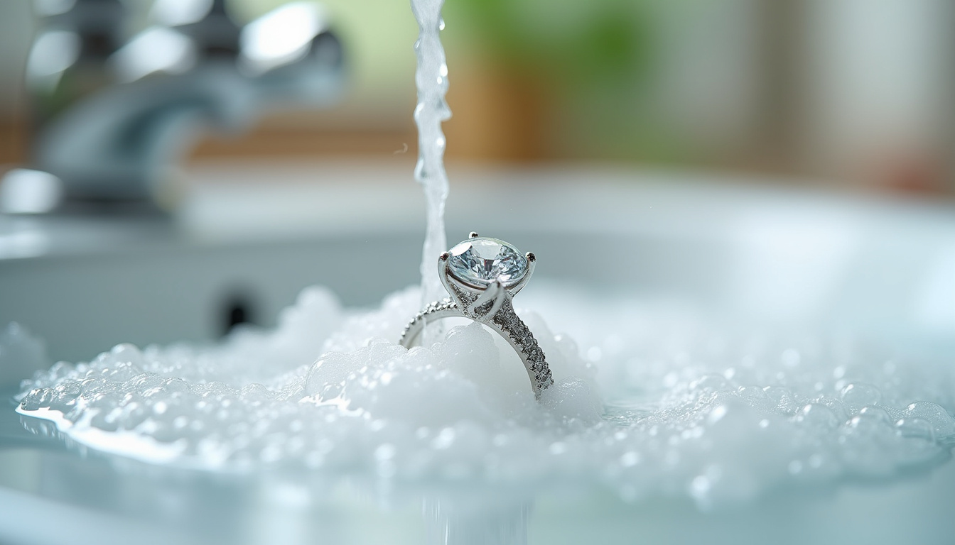 Nettoyage d'une bague en diamant avec une brosse douce et de l'eau savonneuse