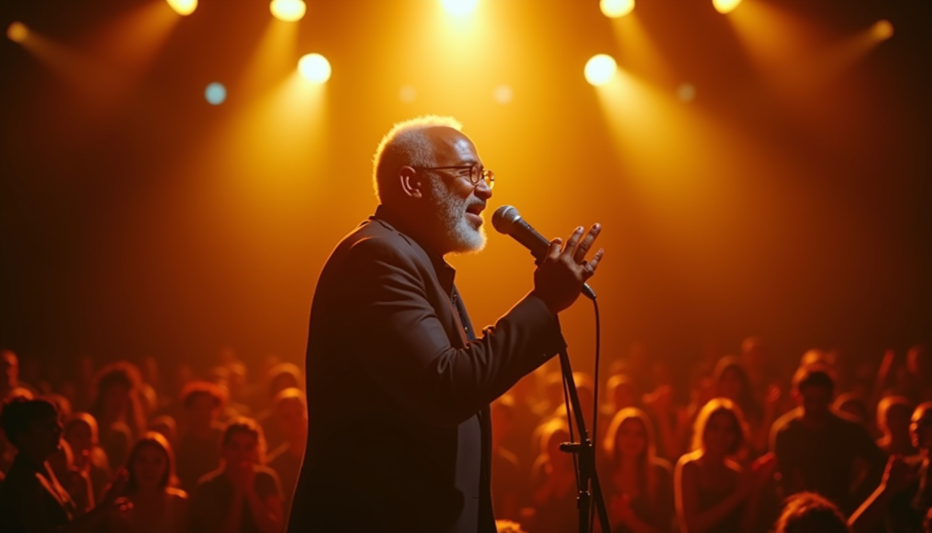 Performance de Bill Withers interprétant 'Lovely Day' sur scène, ambiance chaleureuse et lumineuse