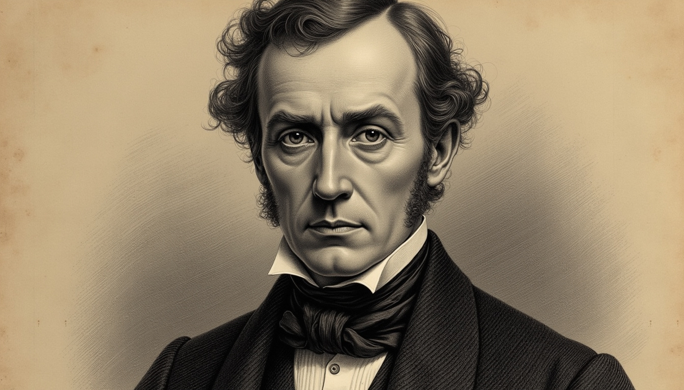 Portrait stylisé de James Allen, inspiré de gravures anciennes, avec un regard profond et sérieux