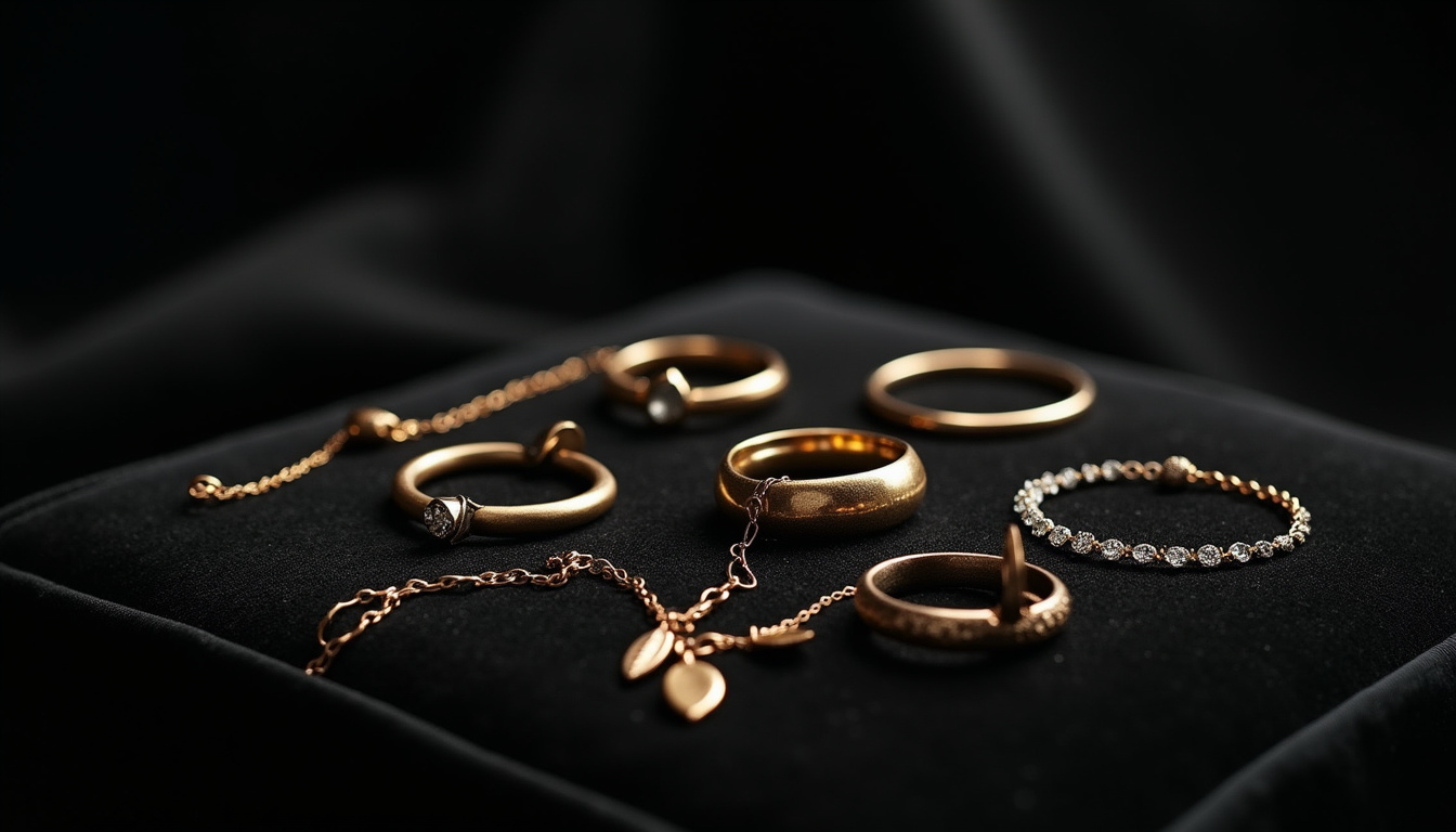 Présentoir de bijoux Catbird en or et argent, avec bagues, colliers et bracelets fins sur fond noir