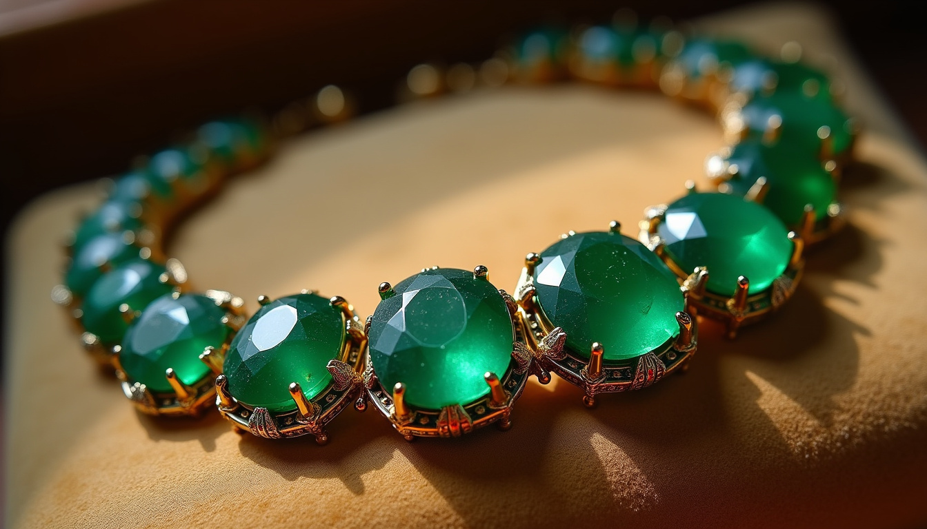 Reconstitution d’un collier en émeraudes de l’Antiquité romaine, pierres taillées à l’ancienne dans un sertissage en or
