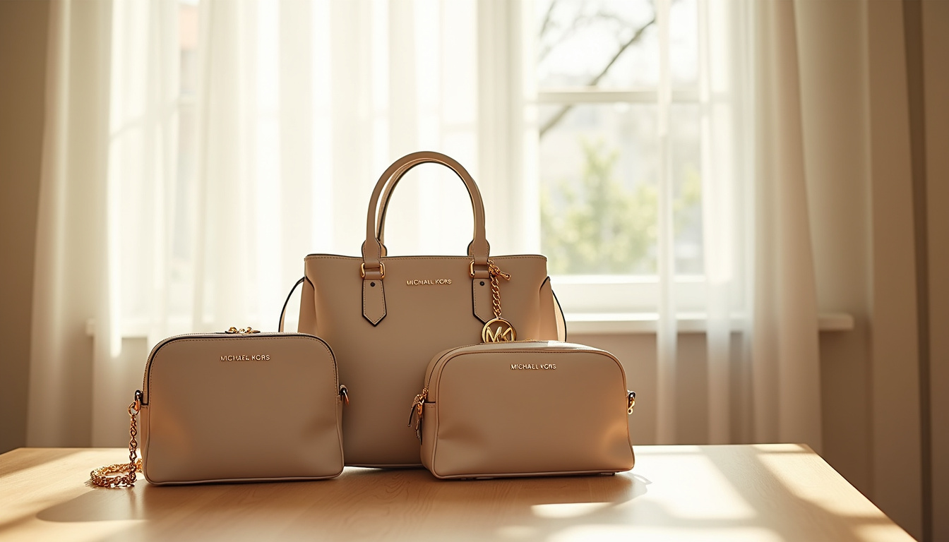 Sélection de sacs Michael Kors posés sur une table en bois clair avec lumière naturelle