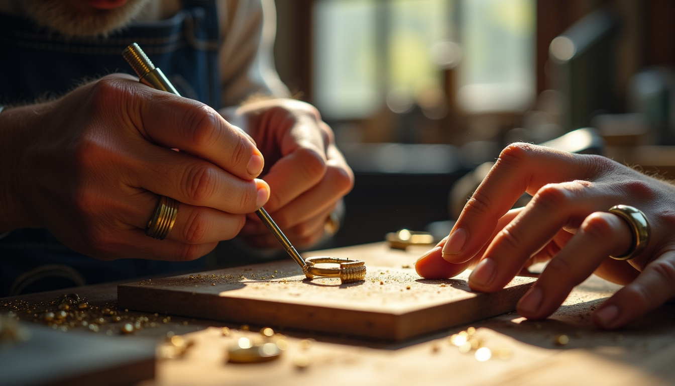Un joaillier artisanal français travaillant sur une monture de bague en or