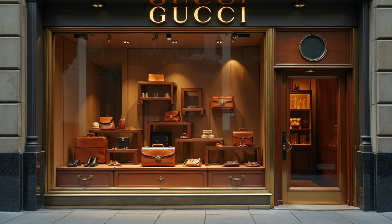 Vitrine d'une boutique Gucci à New York, années 1950, montrant des valises et accessoires en cuir