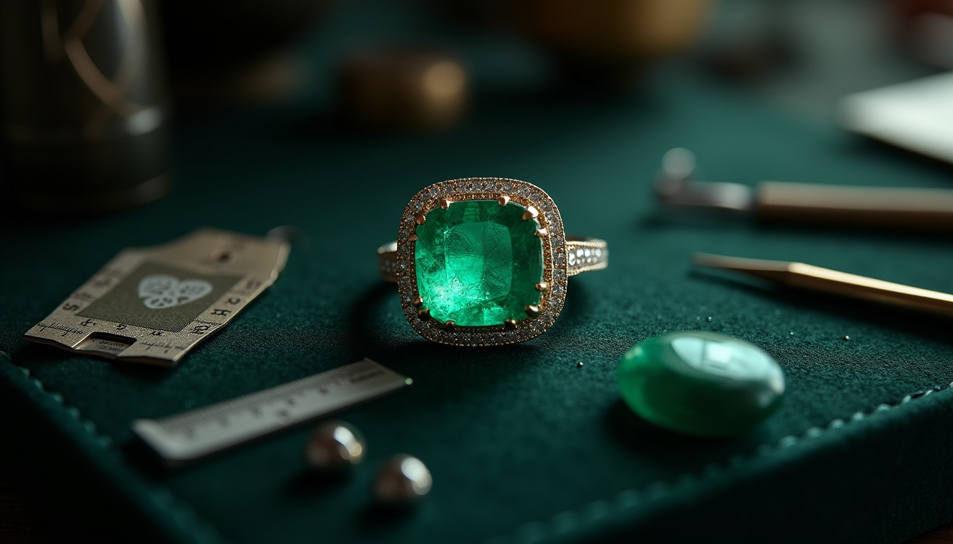 Vue rapprochée d'une bague émeraude entourée d'outils de bijoutier: loupe, échelle de couleur, diagramme de clarté