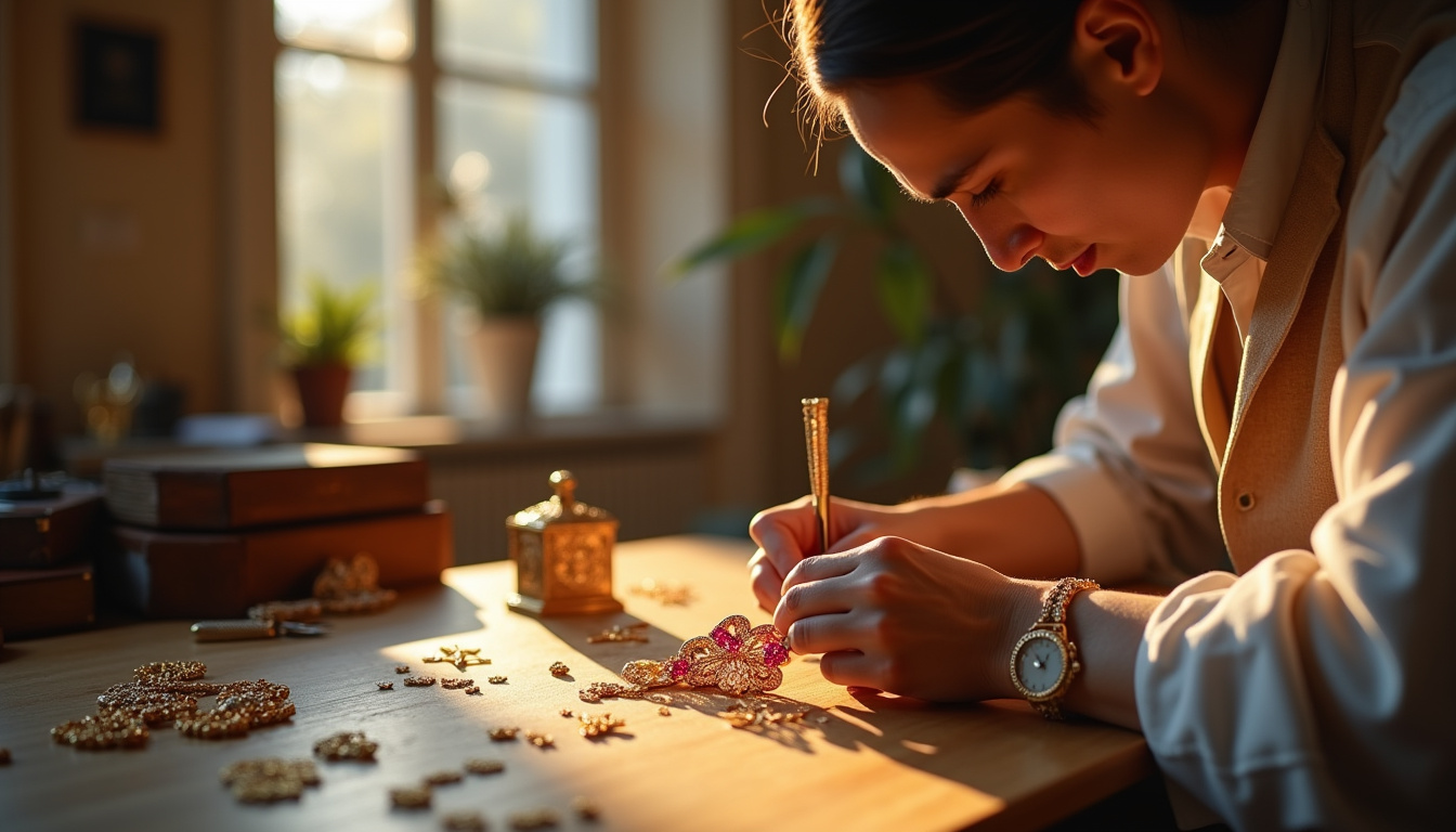 Artisans de Van Cleef & Arpels en train de travailler à la main sur un bijou en or et pierres précieuses