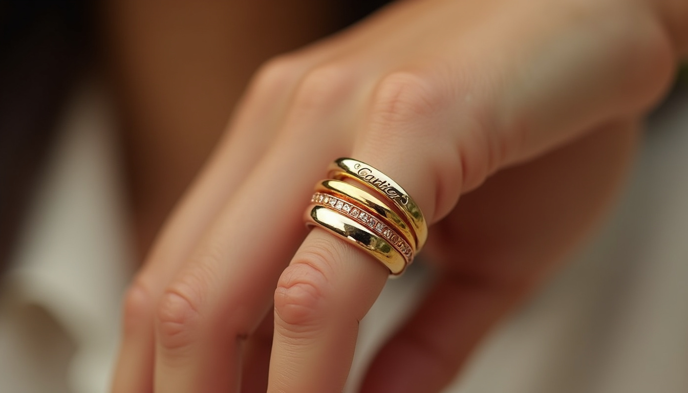 Bague Trinity Cartier portée à l'annulaire, mettant en lumière les trois anneaux entrelacés en or jaune, rose et blanc