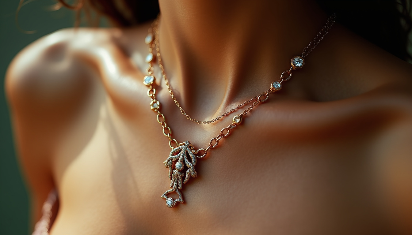 Collection de bijoux Jacquie Aiche mettant en valeur des motifs anatomiques, des chaînes fines et des pierres précieuses sur peau nue