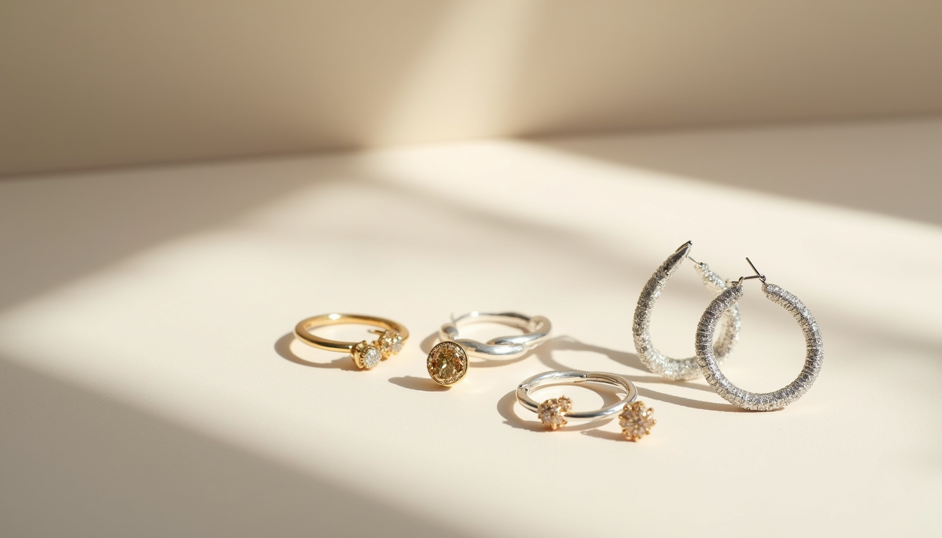 Différents modèles de boucles d'oreilles Astrid & Miyu posés sur un fond neutre