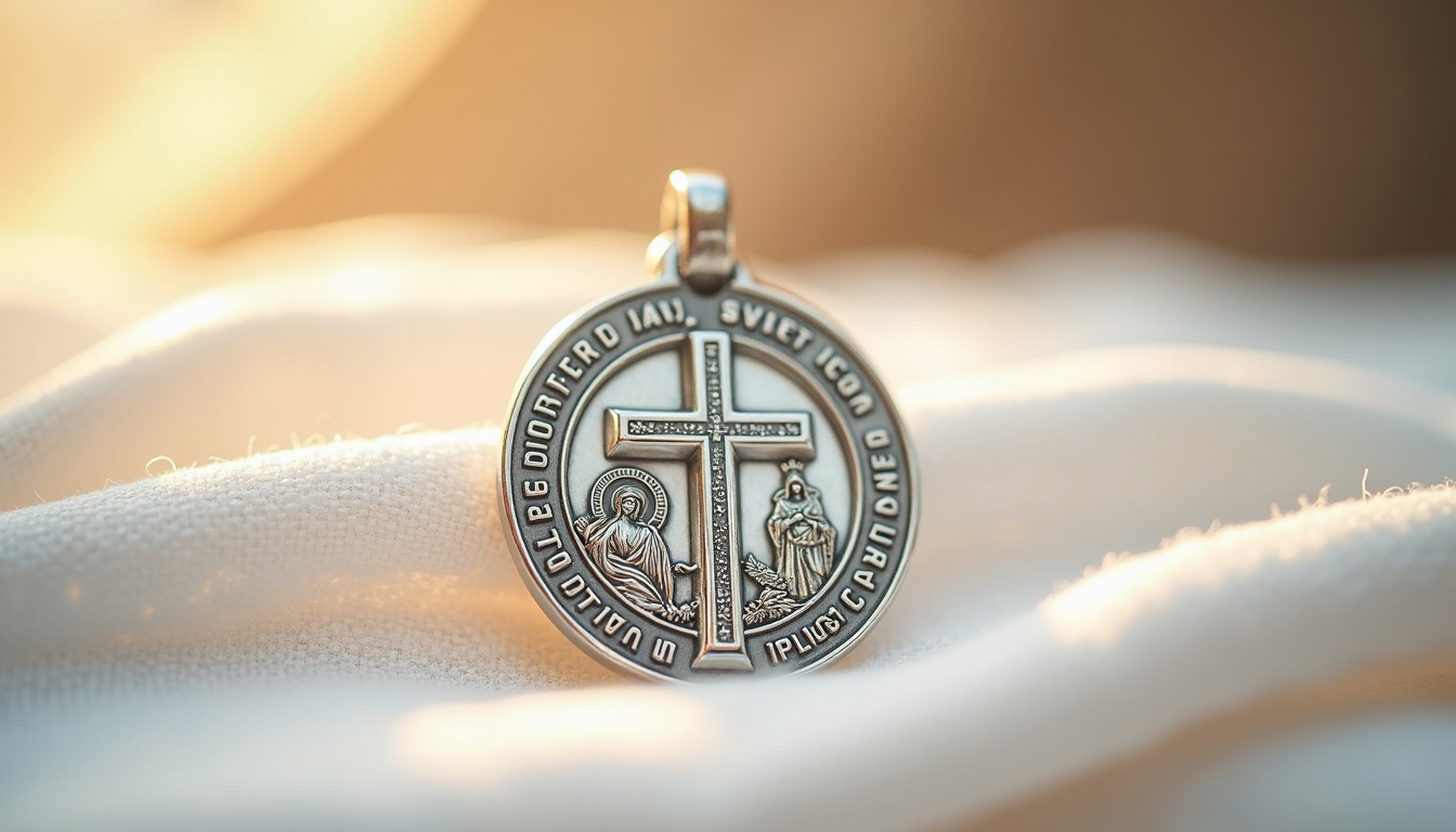 Différents motifs de médailles de baptême: croix, ange gardien, Vierge Marie, saint patron