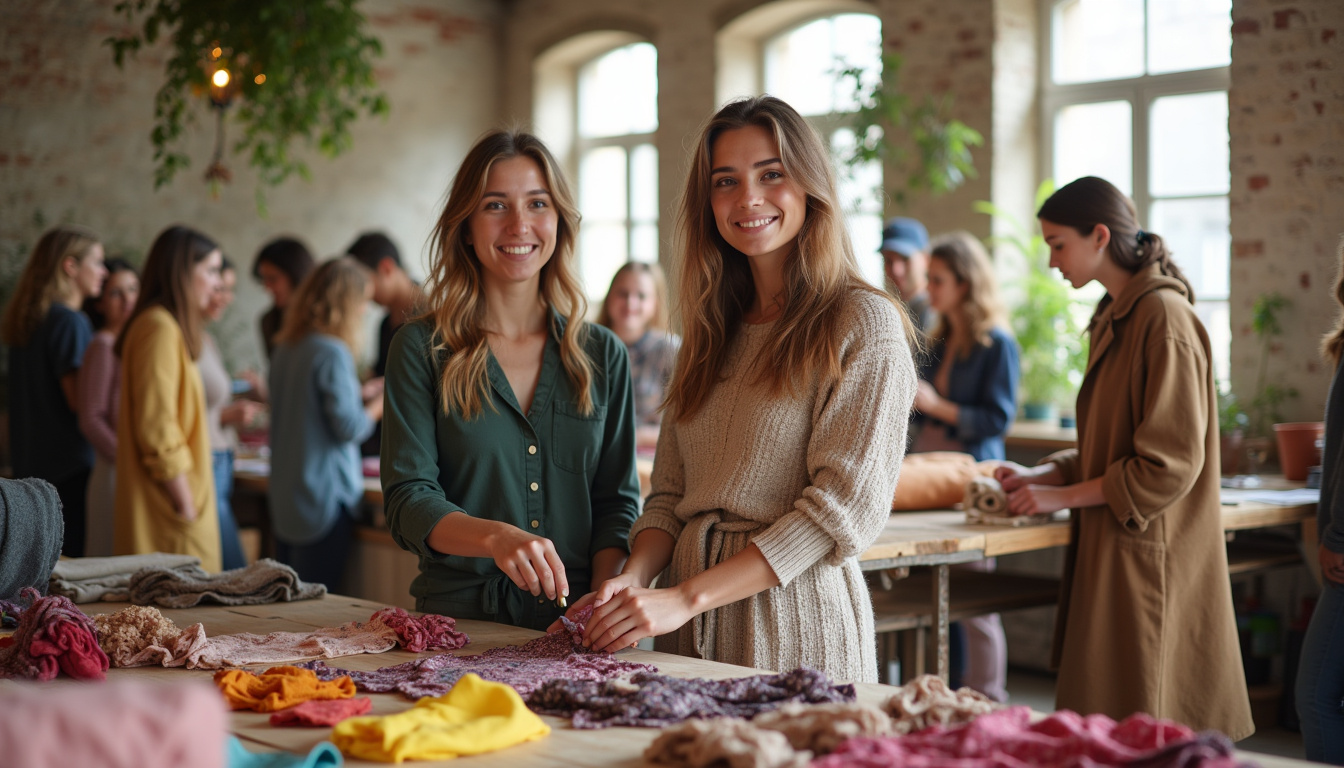 Emma et Chloé participant à un atelier de recyclage textile en banlieue parisienne, entourées de jeunes bénévoles