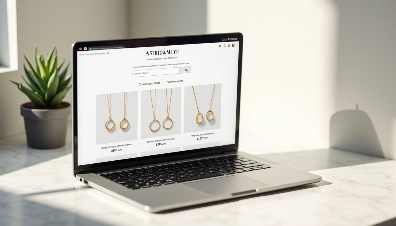 Interface d’un site de marketplace avec recherche de bijoux Astrid & Miyu
