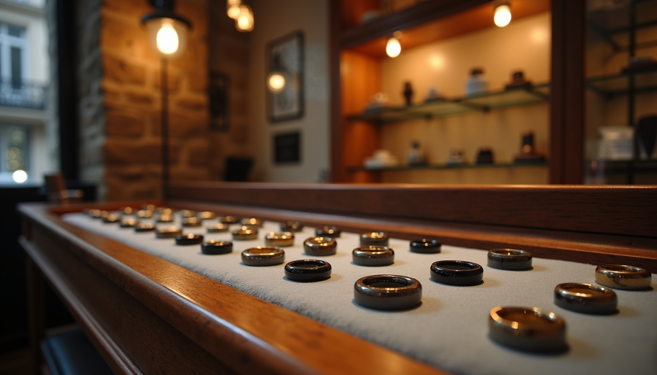 Intérieur d'une boutique de joaillerie artisanale à Paris, présentoir de bagues pour homme