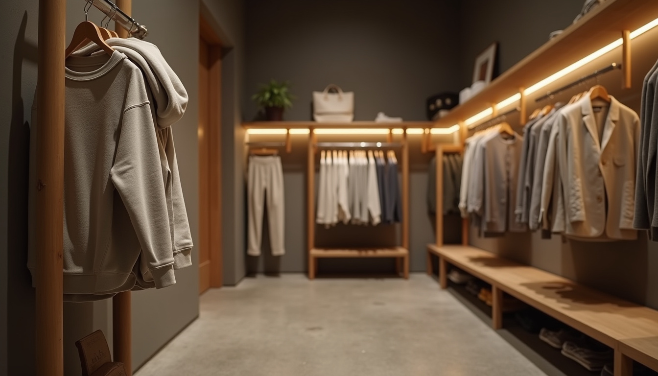 Intérieur d'une boutique parisienne proposant la collection Fear of God avec éclairage tamisé et présentoirs en bois