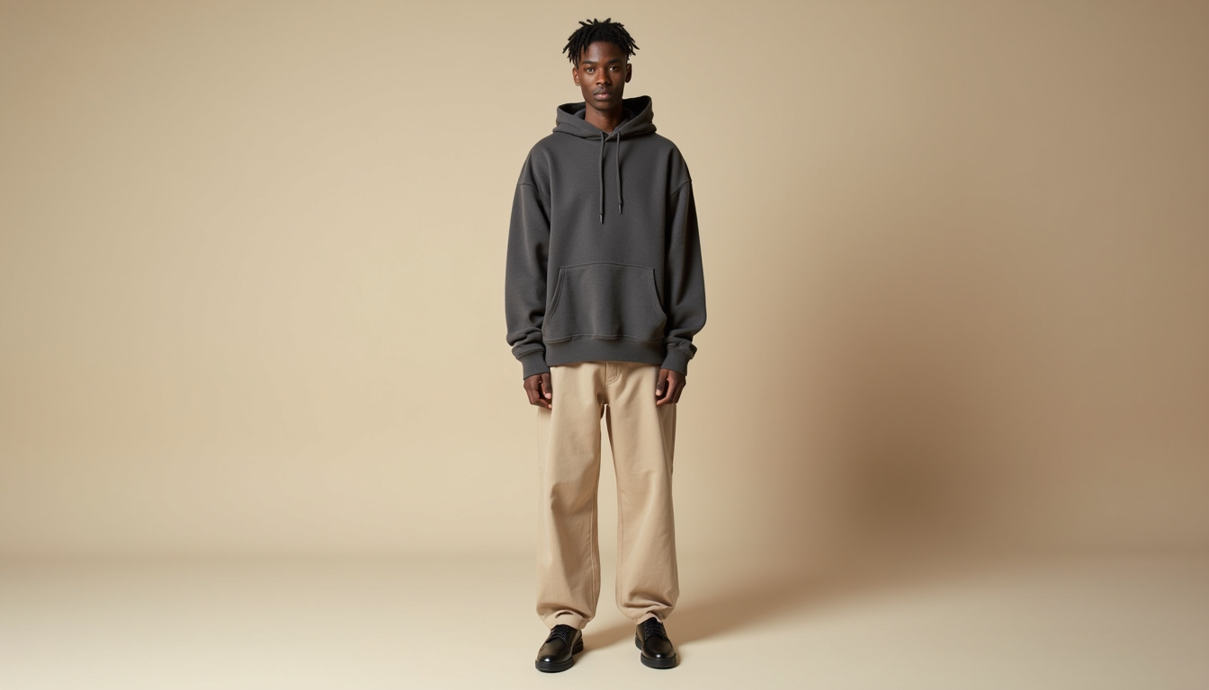 Look complet Fear of God avec hoodie oversized, pantalon chino allongé et baskets sobres sur fond neutre