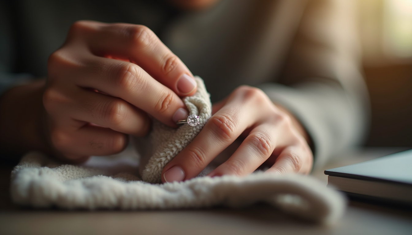 Main masculine nettoyant une bague de fiançailles avec un chiffon microfibre